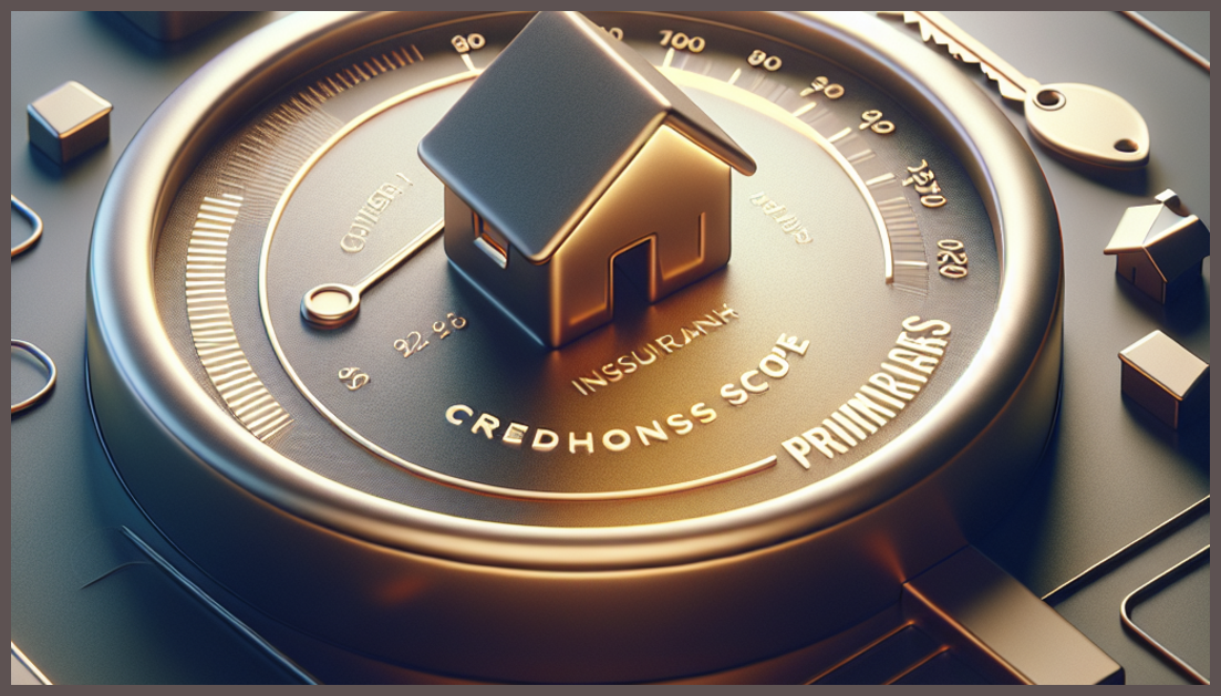 Illustration of a credit score gauge with a home and insurance symbols.