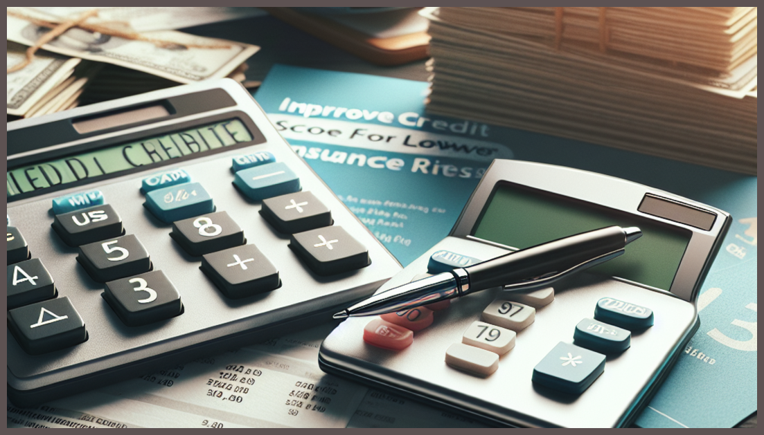 Calculator and insurance documents representing credit score improvement for better rates.