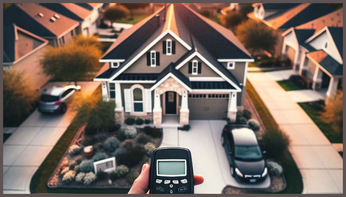 Illustration of Texas home with insurance symbols and credit score icons.