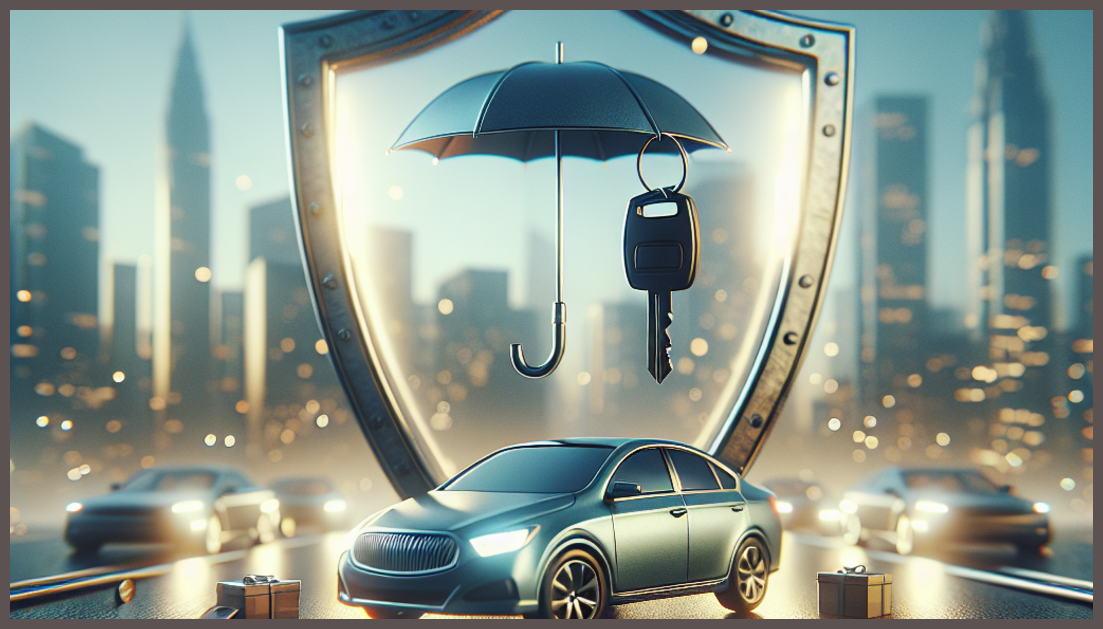 Car insurance symbol with a shield and a car in a cityscape.