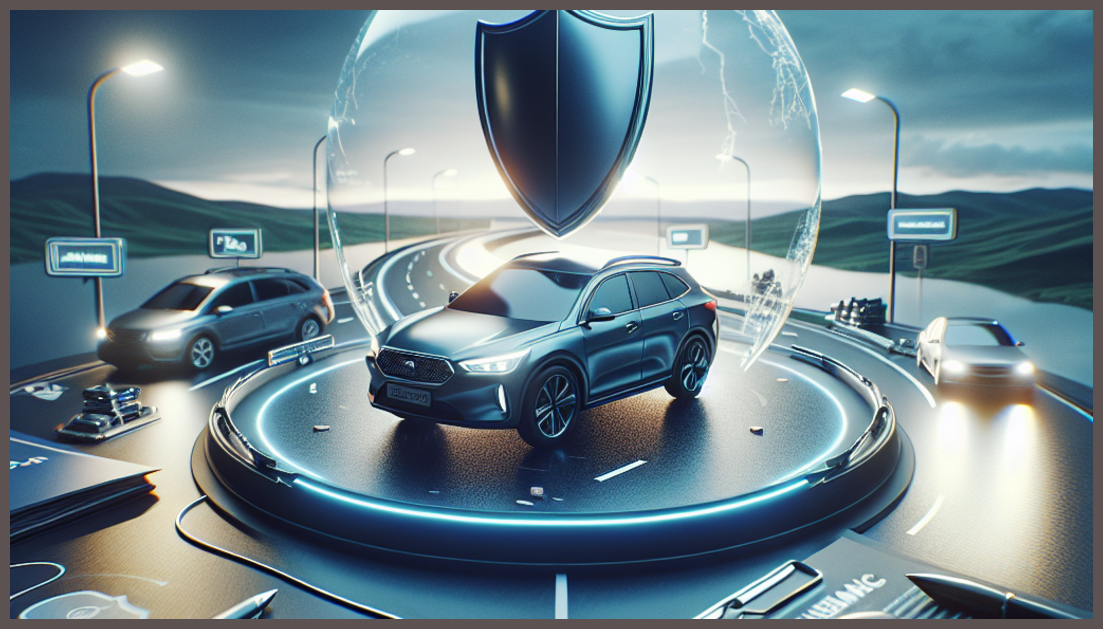 Symbol of trust in insurance with a car and shield imagery.