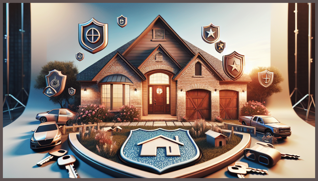 A detailed view of a Texas home with insurance symbols nearby.